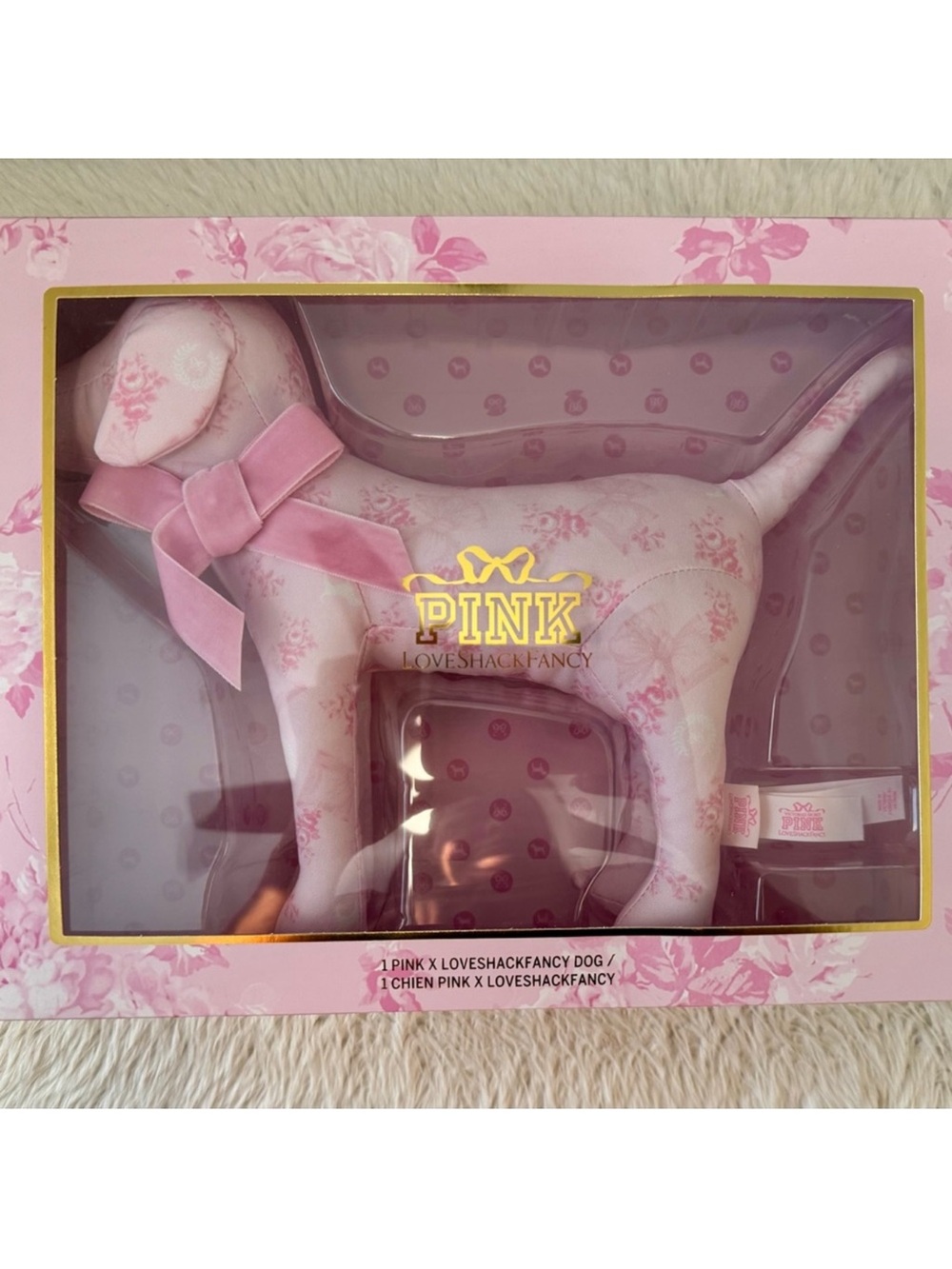 LoveShackFancy Pink Floral Plush Dog Figurine with Velvet Bow